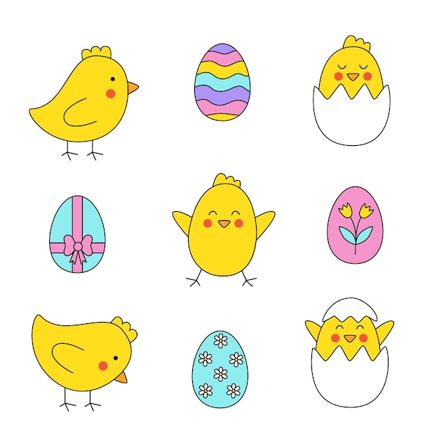 Dibujos animados lindos pájaros de Pascua y huevos de Pascua sobre fondo blanco