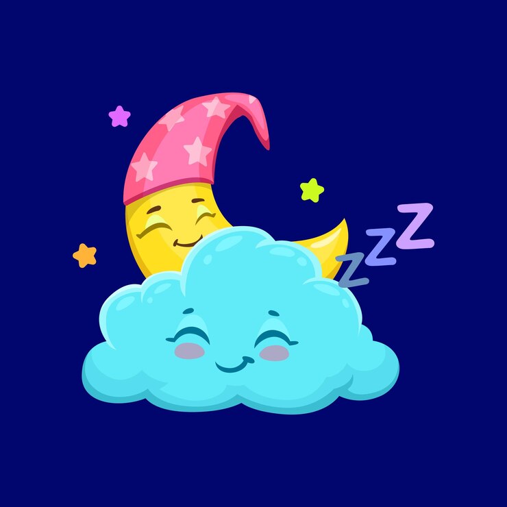 Vector dibujos animados lindos personajes de nubes y clima creciente durmiendo pacíficamente en el cielo adorable vector remolino y luna descansando soñolientamente creando una atmósfera serena y soñadora para el pronóstico nocturno