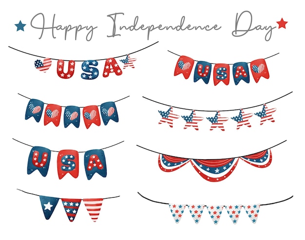 Dibujos animados lindos Pintura digital acuarela 4 de julio EE. UU. Bandera banner garland elemento Elemento del día de la independencia