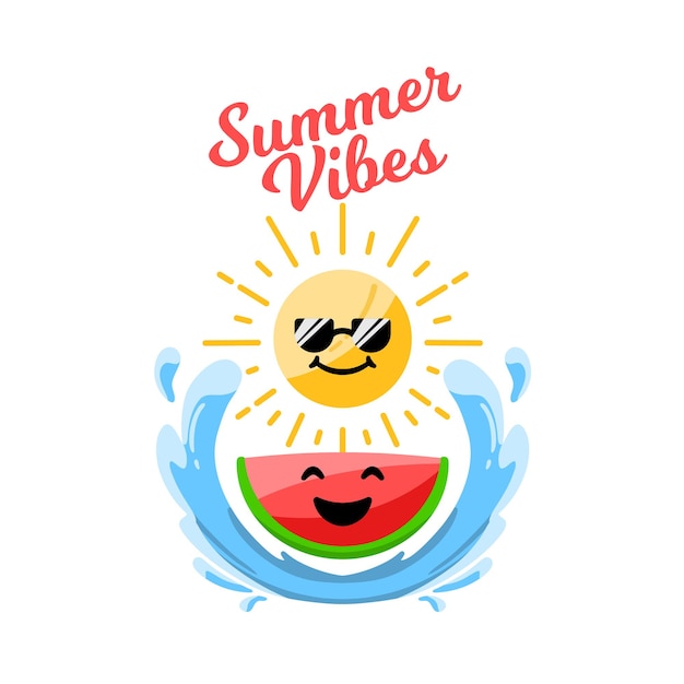 Dibujos animados lindos de sandía, onda y sol de verano playa