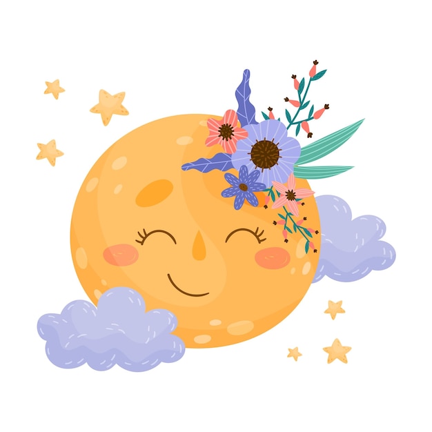 Dibujos animados de luna dormida con ilustración vectorial de una corona de flores