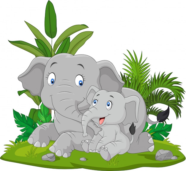 Dibujos animados madre y bebé elefante en la hierba