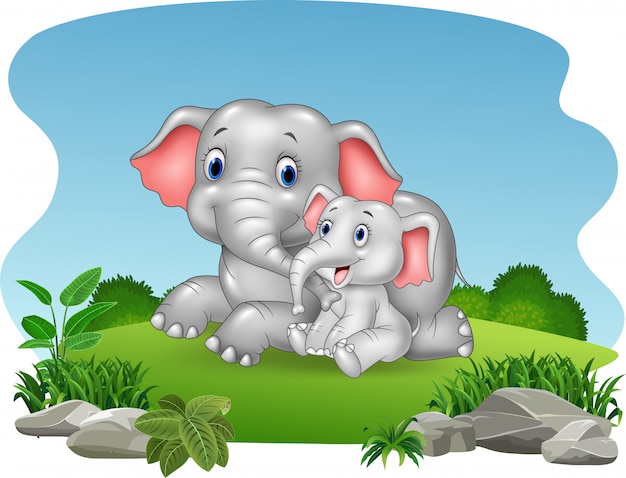 Dibujos animados madre y bebé elefante en la jungla