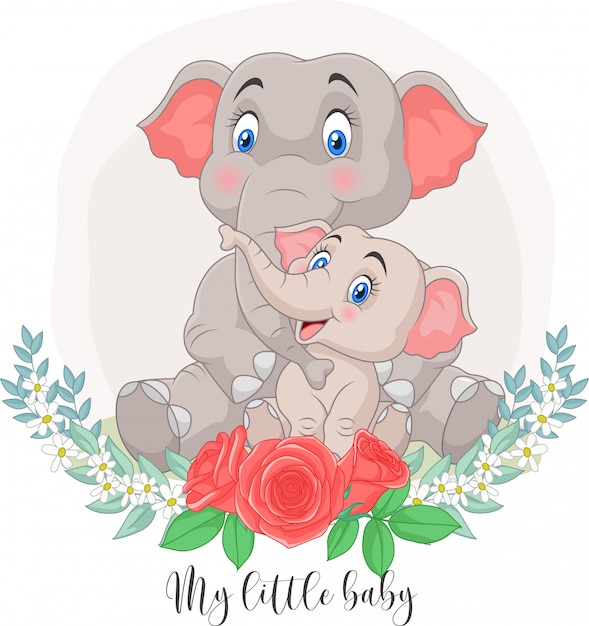 Vector dibujos animados madre y bebé elefante sentado con fondo de flores