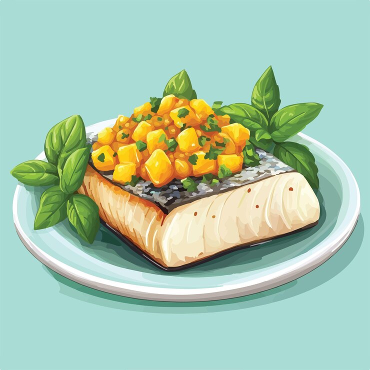 Vector dibujos animados mahi mahi con mango salsa ilustración vectorial del icono