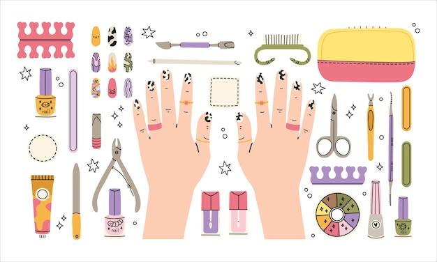 Dibujos animados de manos femeninas cuidadas, rutina de cuidado de uñas de salón de manicura. Manos de mujer y manicura variada.