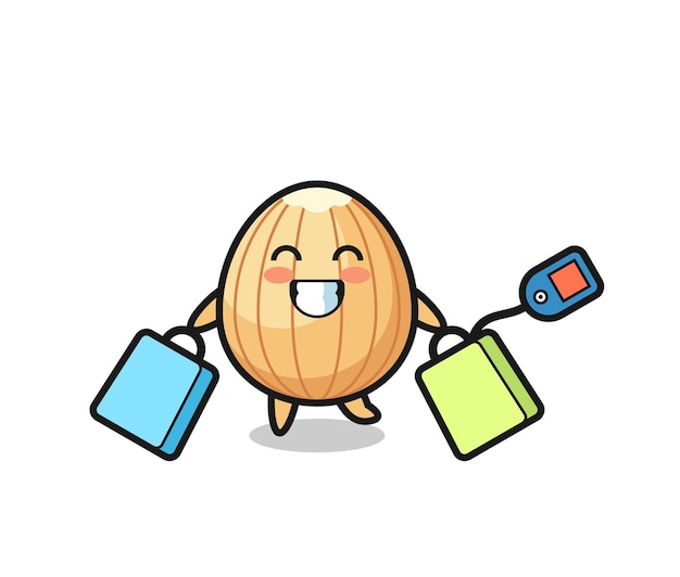 Dibujos animados de la mascota de almendras sosteniendo una bolsa de compras