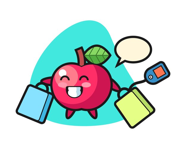 Dibujos animados de la mascota de Apple con una bolsa de compras
