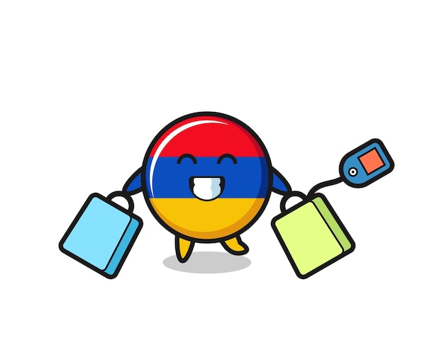 Dibujos animados de la mascota de la bandera de armenia con un diseño lindo de bolsa de compras