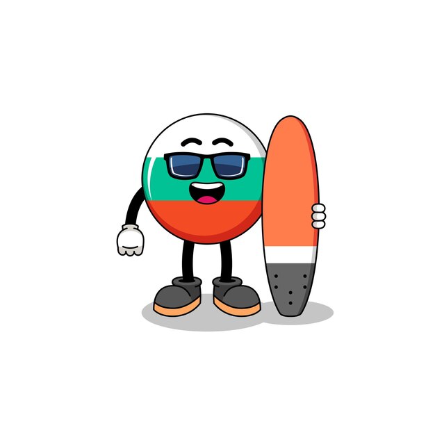 Dibujos animados de la mascota de la bandera de bulgaria como surfista
