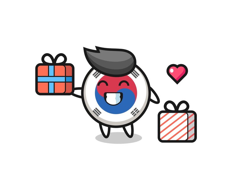 Vector dibujos animados de la mascota de la bandera de corea del sur dando el regalo, diseño lindo