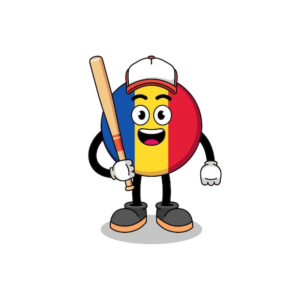 Dibujos animados de la mascota de la bandera de rumania como diseño de personajes de un jugador de béisbol
