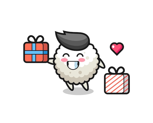 Dibujos animados de mascota de bola de arroz dando el regalo, diseño de estilo lindo para camiseta, pegatina, elemento de logotipo