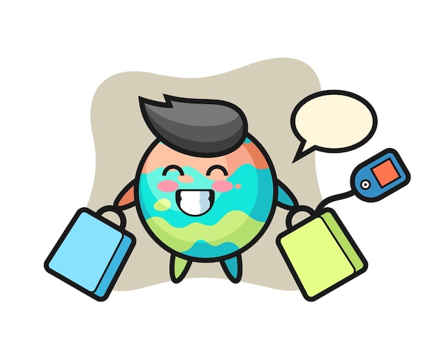 Dibujos animados de mascota de bomba de baño sosteniendo una bolsa de compras, diseño de estilo lindo para camiseta, pegatina, elemento de logotipo