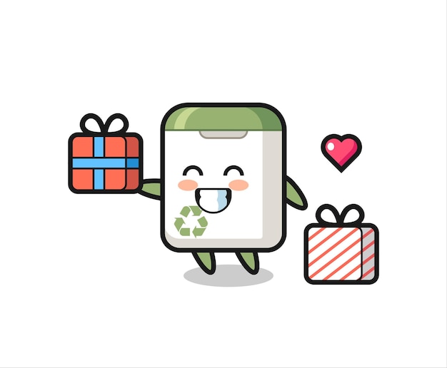 Dibujos animados de mascota de bote de basura dando el regalo, diseño de estilo lindo para camiseta, pegatina, elemento de logotipo