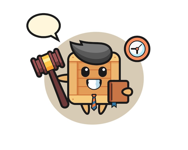 Dibujos animados de mascota de caja de madera como juez