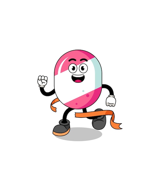 Dibujos animados de mascota de caramelo corriendo en la línea de meta