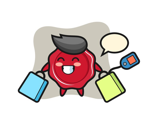 Dibujos animados de mascota de cera de sellado sosteniendo una bolsa de compras