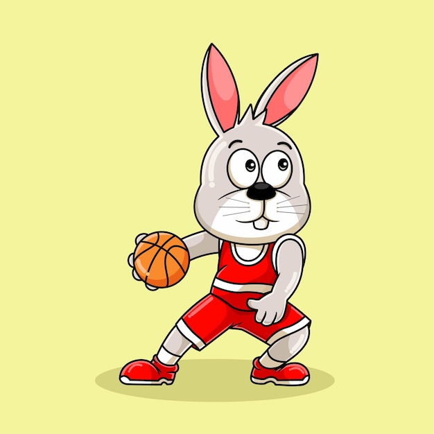 Dibujos animados de mascota de conejo jugando baloncesto