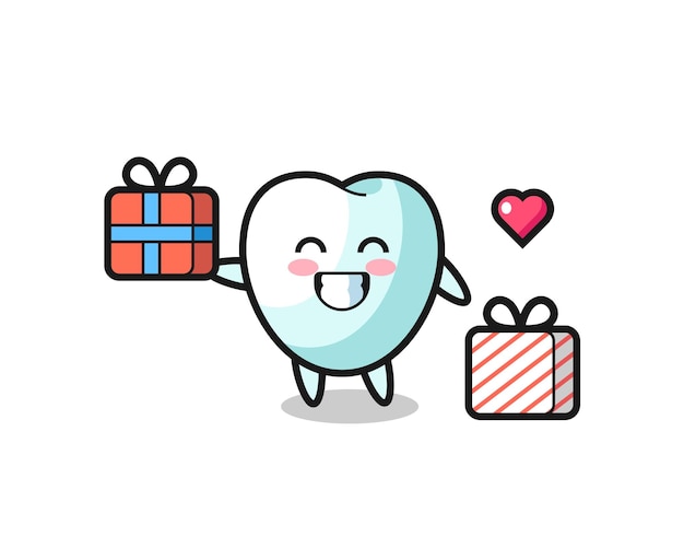 Vector dibujos animados de la mascota del diente dando el regalo