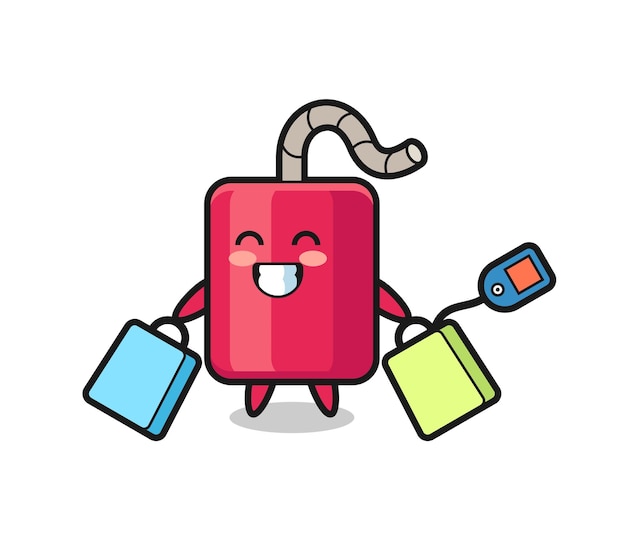 Dibujos animados de mascota dinamita sosteniendo una bolsa de compras, diseño de estilo lindo para camiseta, pegatina, elemento de logotipo