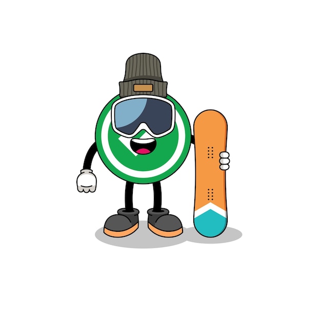 Dibujos animados de la mascota del diseño del personaje del jugador de snowboard de marca de verificación