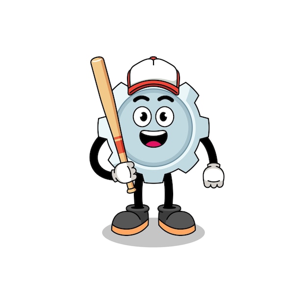 Dibujos animados de la mascota del engranaje como jugador de béisbol