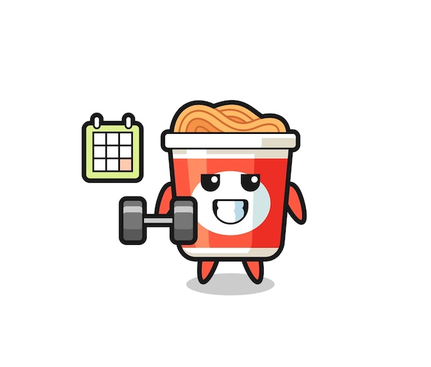 Dibujos animados de mascota de fideos instantáneos haciendo fitness con mancuernas, diseño de estilo lindo para camiseta, pegatina, elemento de logotipo