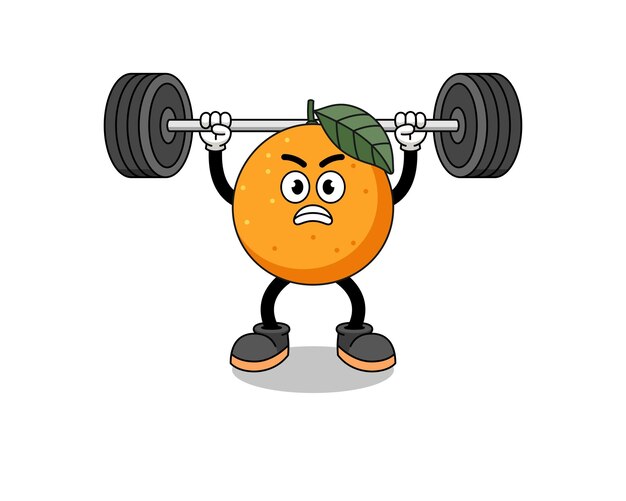 Dibujos animados de mascota de fruta naranja levantando un diseño de personaje de barra