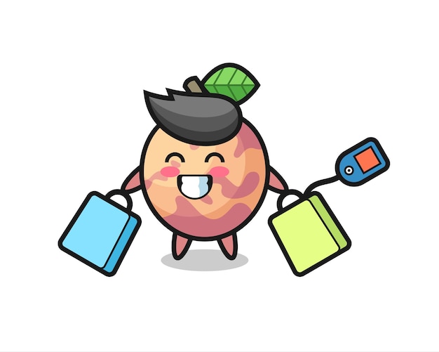 Dibujos animados de mascota de fruta Pluot sosteniendo una bolsa de compras, diseño de estilo lindo para camiseta, pegatina, elemento de logotipo
