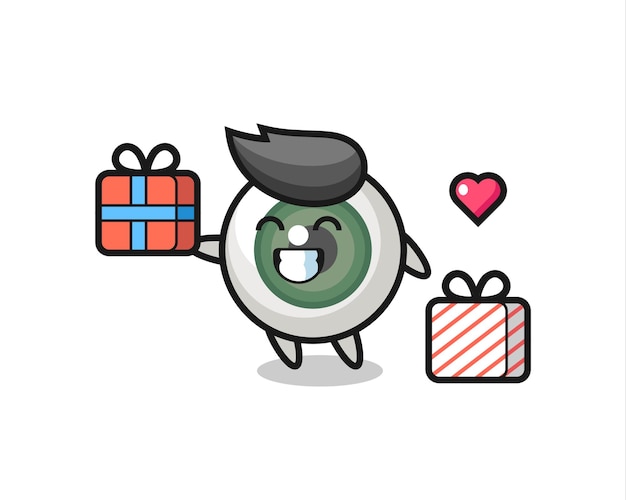 Dibujos animados de la mascota del globo ocular dando el regalo, diseño de estilo lindo para camiseta, pegatina, elemento de logotipo