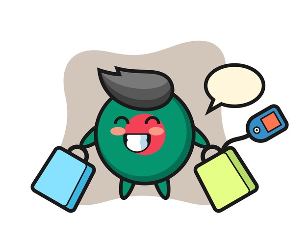 Dibujos animados de la mascota de la insignia de la bandera de Bangladesh sosteniendo una bolsa de compras