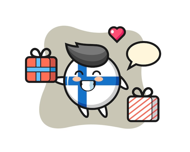 Dibujos animados de la mascota de la insignia de la bandera de Finlandia dando el regalo, diseño de estilo lindo para camiseta, pegatina, elemento de logotipo