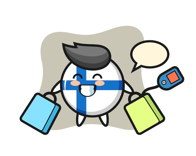 Dibujos animados de la mascota de la insignia de la bandera de finlandia sosteniendo una bolsa de compras, diseño de estilo lindo para camiseta, pegatina, elemento de logotipo