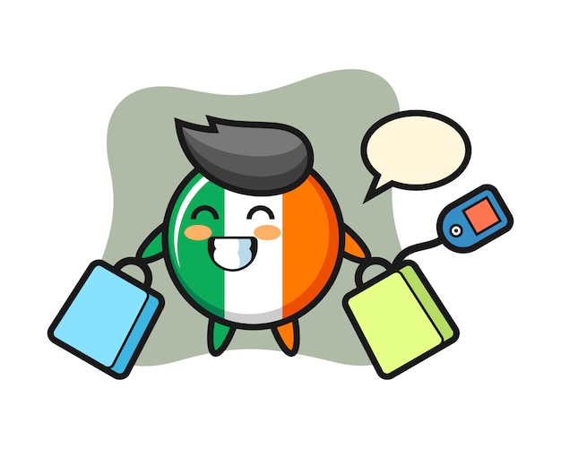 Dibujos animados de la mascota de la insignia de la bandera de irlanda sosteniendo una bolsa de compras