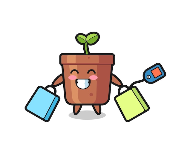 Dibujos animados de mascota de maceta sosteniendo una bolsa de compras