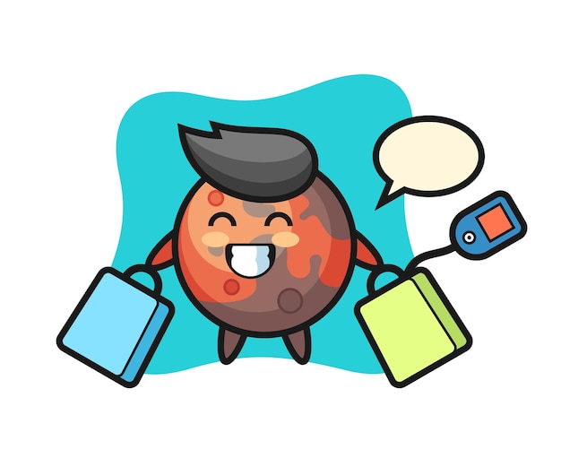 Dibujos animados de la mascota de Mars sosteniendo una bolsa de compras, diseño de estilo lindo para camiseta, pegatina, elemento de logotipo