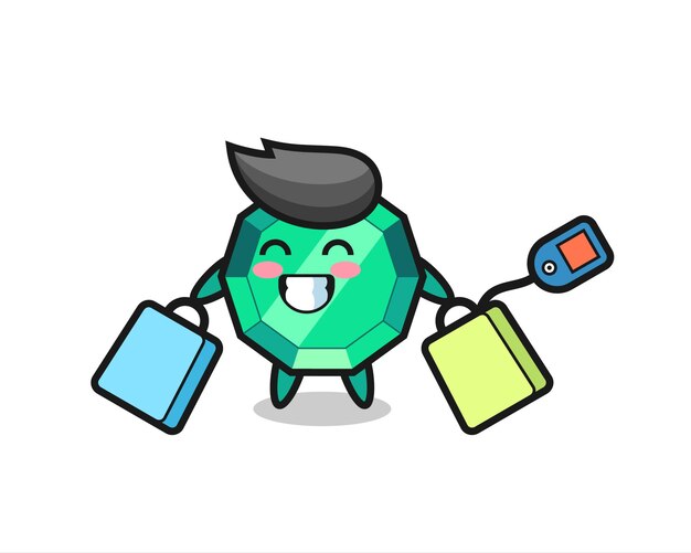 Dibujos animados de mascota de piedras preciosas esmeralda sosteniendo una bolsa de compras, diseño de estilo lindo para camiseta, pegatina, elemento de logotipo