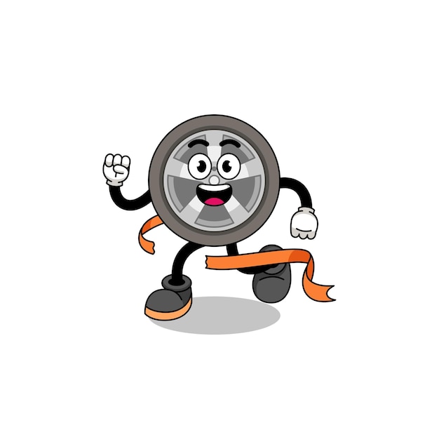 Dibujos animados de la mascota de la rueda del coche corriendo en la línea de meta
