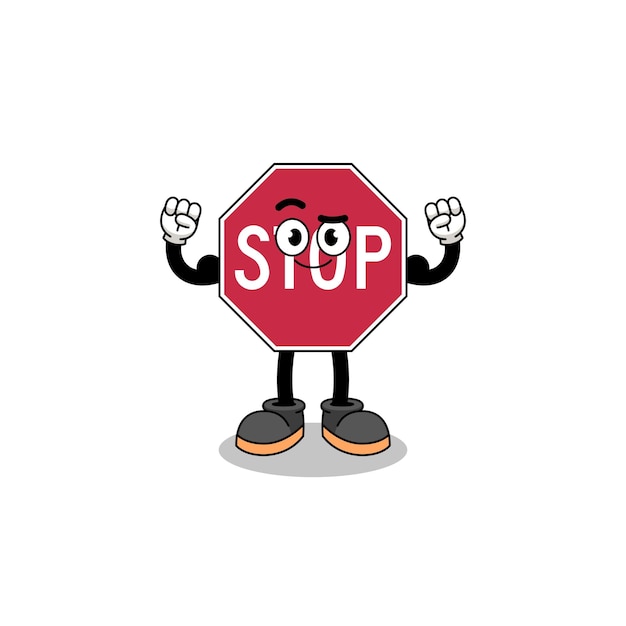 Dibujos animados de la mascota de la señal de stop road posando con músculo