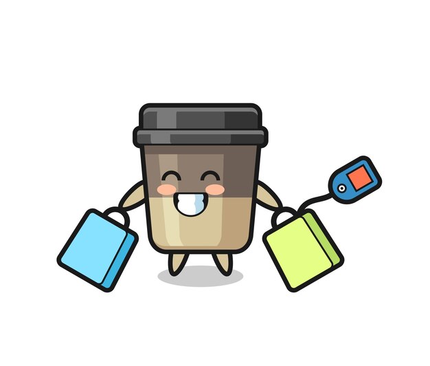 Dibujos animados de mascota de taza de café con un diseño de estilo lindo de bolsa de compras para elemento de logotipo de etiqueta de camiseta