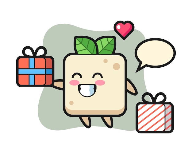 Vector dibujos animados de mascota de tofu dando el regalo, diseño de estilo lindo para camiseta