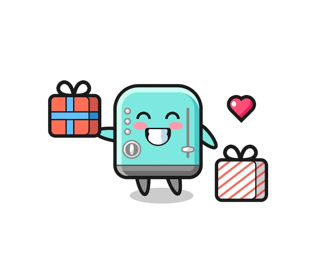 Dibujos animados de la mascota de la tostadora dando el regalo
