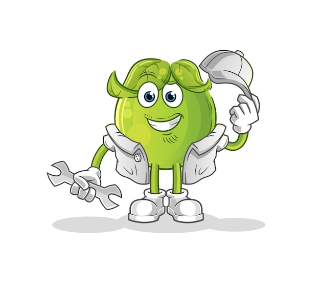 Dibujos animados de mecánico de guisantes. vector de mascota de dibujos animados