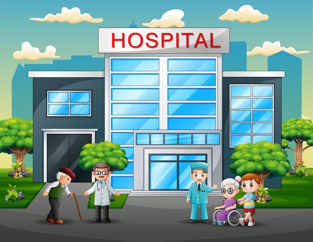 Vector dibujos animados de médicos y pacientes frente al hospital