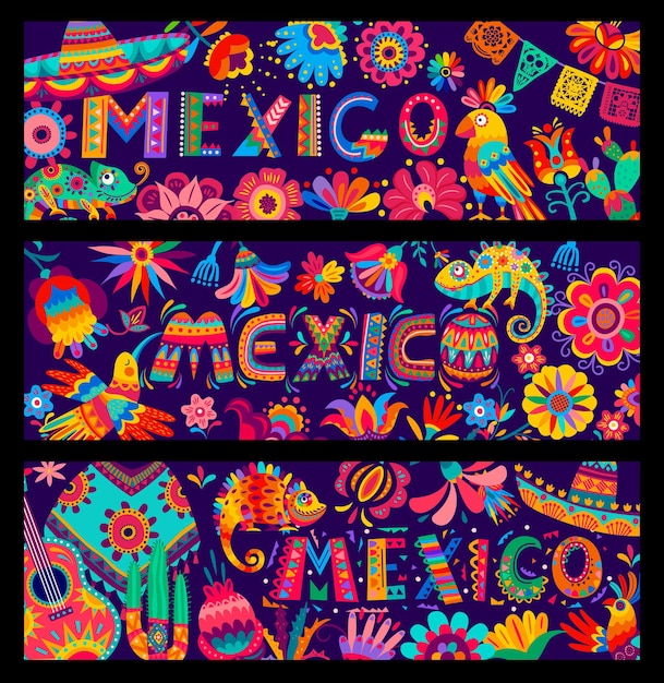 Dibujos animados mexicanos banderas de vector de fiesta, música y cultura con sombrero, guitarras, pájaros, flores y cactus. Artesanía de papel mexicano alebrije, poncho de fiesta de fiesta de México y decoración de papel picado