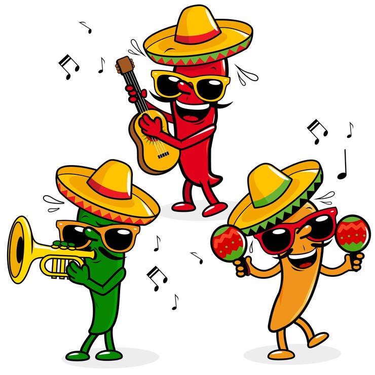 Vector dibujos animados mexicanos mariachi chiles tocando música celebración del cinco de mayo imagen vectorial
