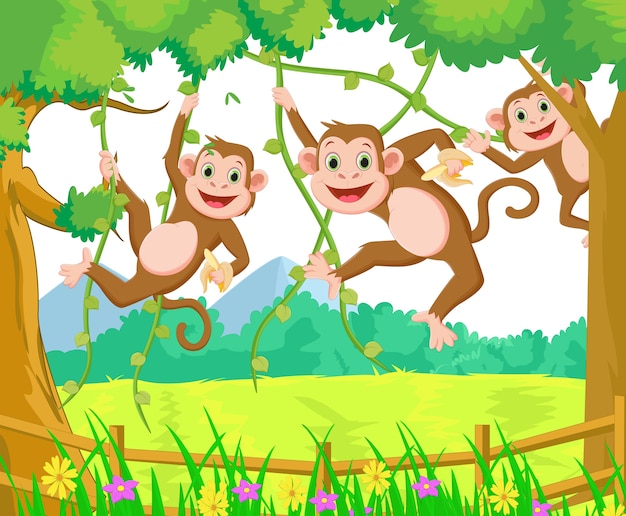 Dibujos animados de mono feliz jugando en el bosque