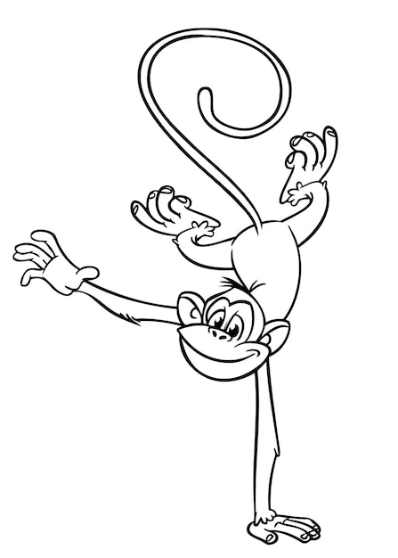 Dibujos animados de monos divertidos de pie y haciendo trucos de circo Ilustración vectorial de monos chimpancés felices Contorno para páginas de colorear libro