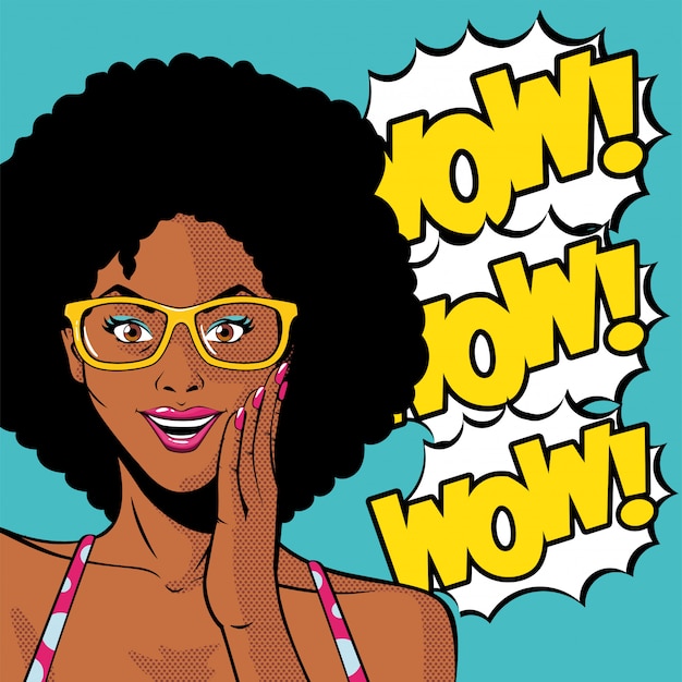 Dibujos animados de mujer afro negra retro con gafas y vector de explosión wow